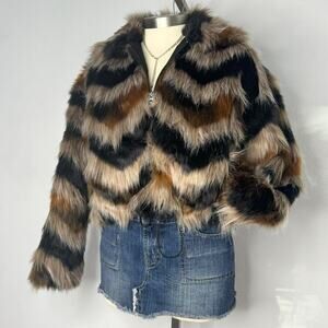 French Connection Dallow Faux Fur Bomber Jacket Chevron Brown Black Size XL